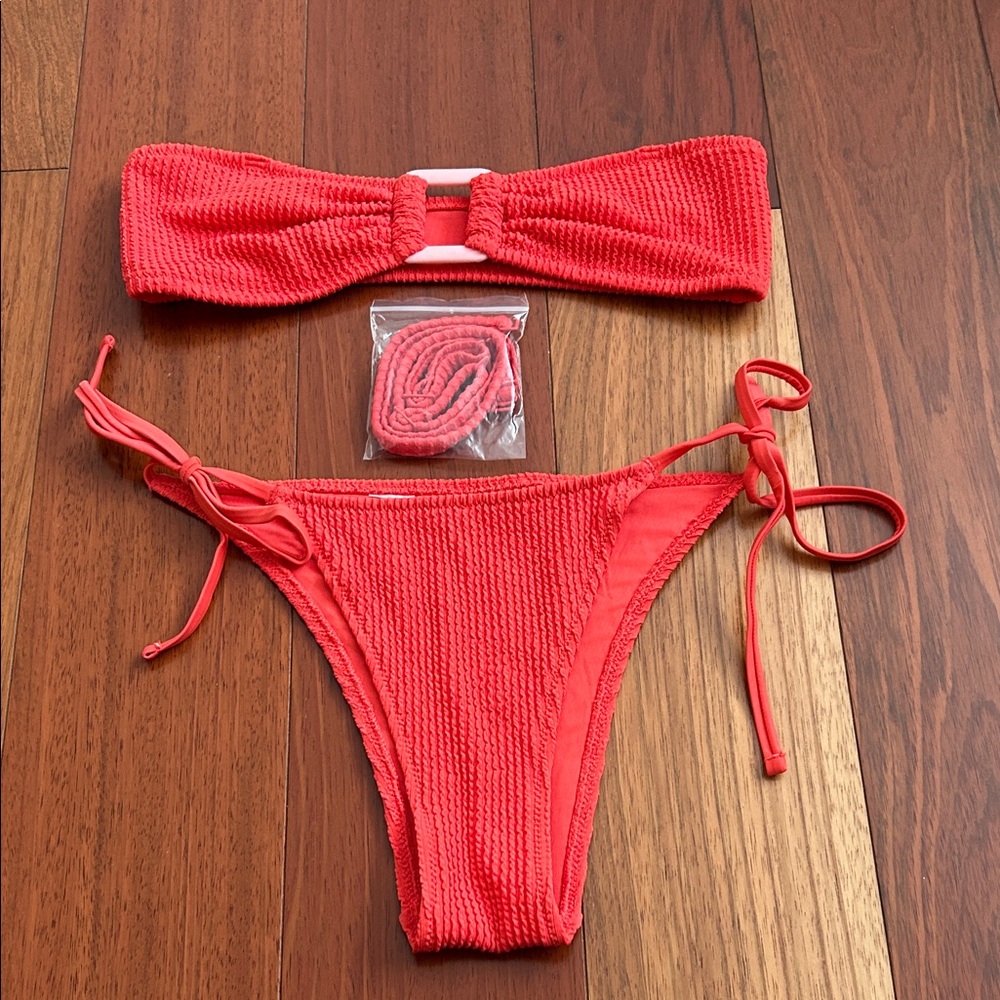aerie Coral Textured Bandeau Bikini Set